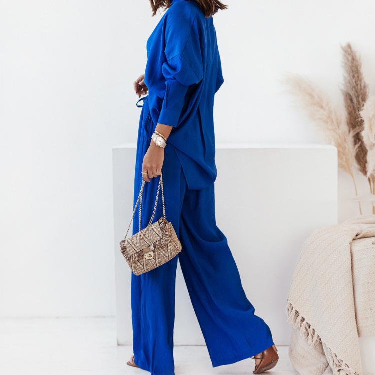 

2025 Women s European & American Solid Color Two-Piece Set: Spring Fashion Lapel Shirt & High-Waisted Long Pants M синій