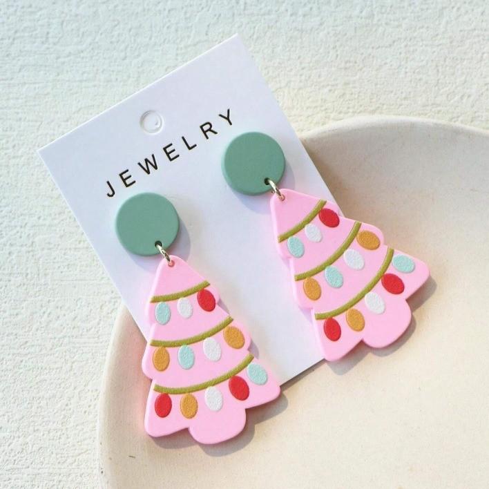 Floral Delightful Geometric Pink Christmas Tree Ear Studs For Celebrations Joyful