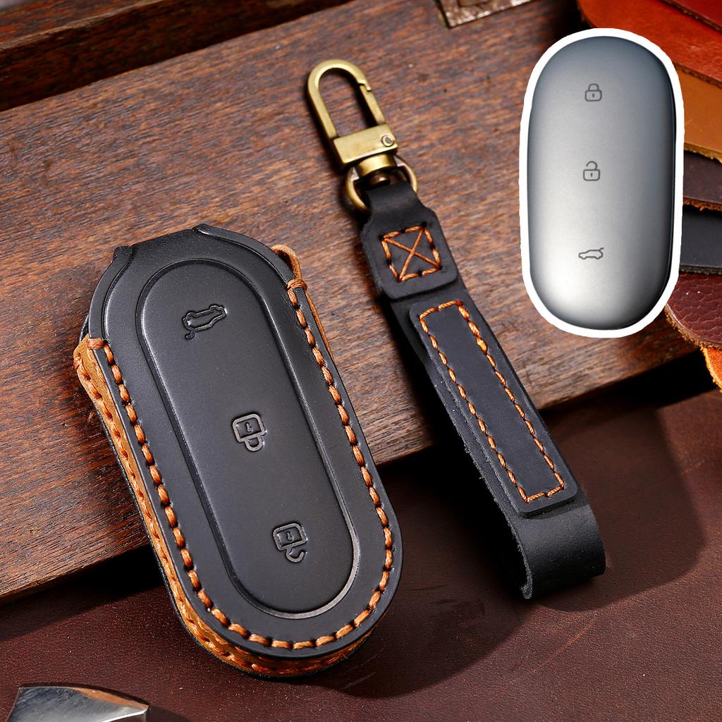 Luxury Crazy Horse Leather Car Key Cover Case Keyring Protective Bag for Leading Ideal One Li Auto L9 Fob Protector Keychain