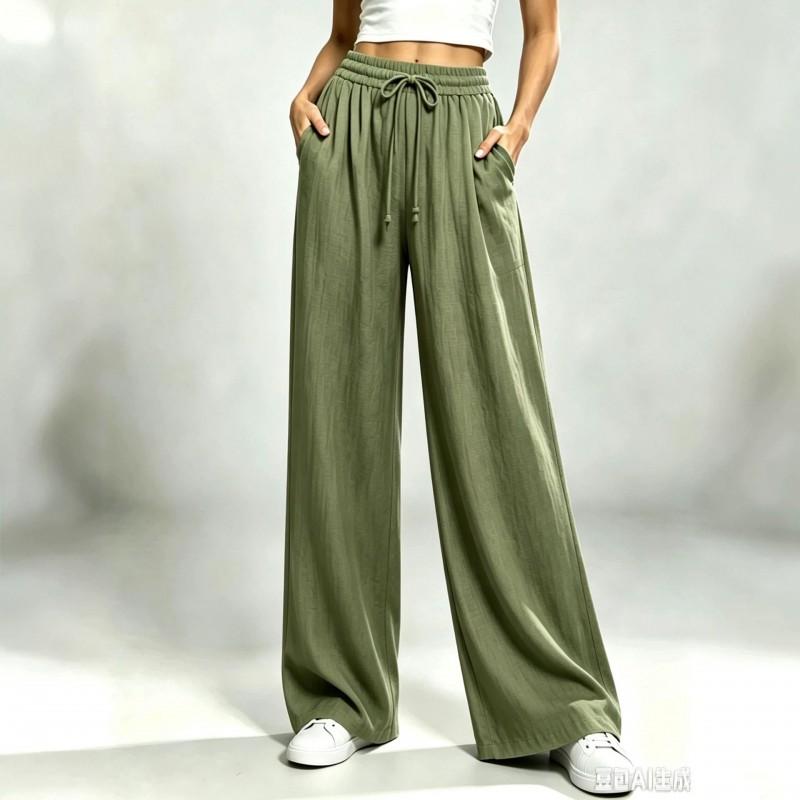 Womens Relaxed Straight Leg Pants Drawstring Elastic Waist Solid Color Casual Trousers