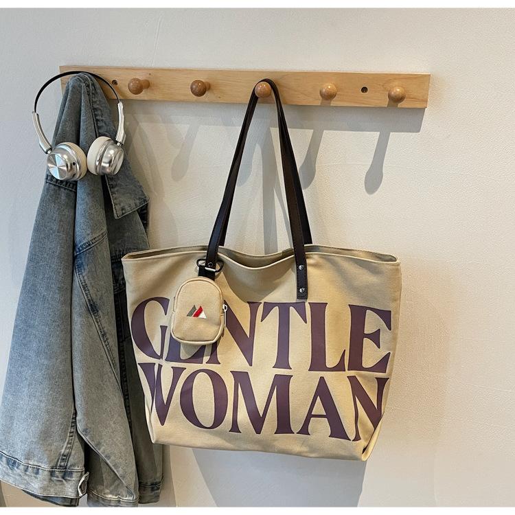 Women Stylish Canvas Shoulder Bag Large Capacity Letter Print Tote Handbag for College Students Travel Texture Commuting Bag