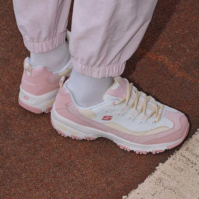 Skechers DLites 1.0 Fabric Synthetic Leather Milk Tea Bear Peach Women Sneakers White Pink 149906-PKYL