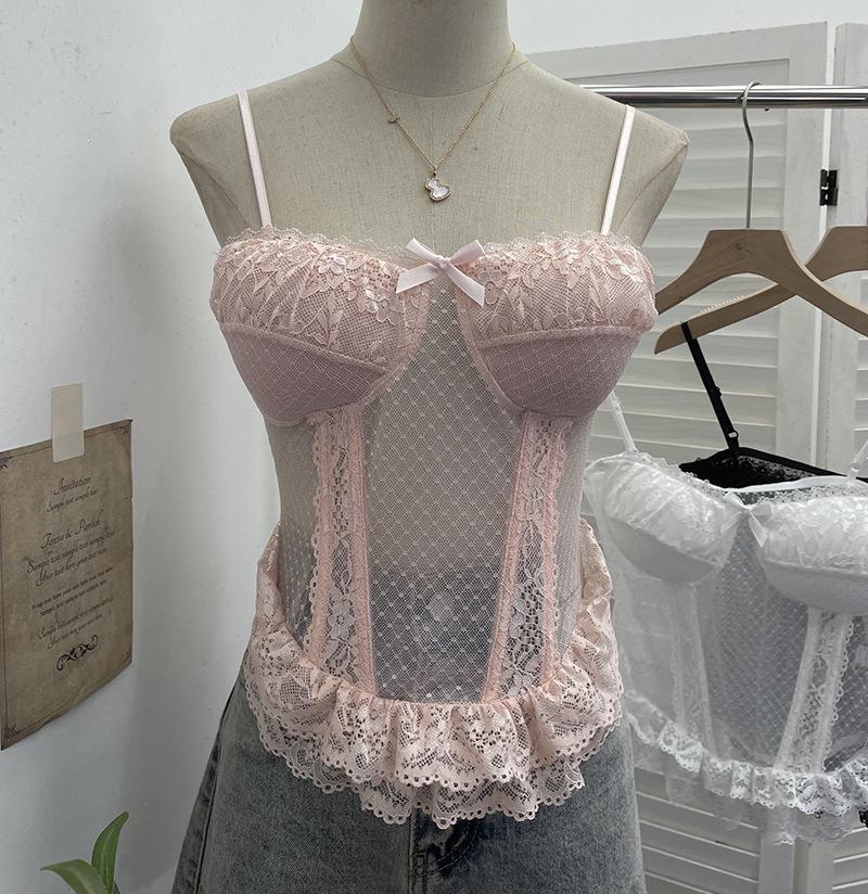 Sheer Lace Trim Camisole with Chest Pads and Slim-Fit Boning One Size розовый
