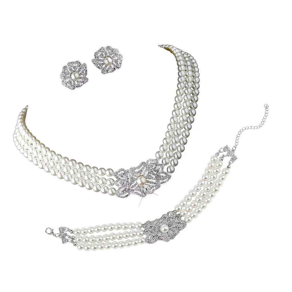Victorian Style Necklace Earrings Bracelet Set Featuring Simulated Pearls and Cubic Zirconia for Elegant Occasions