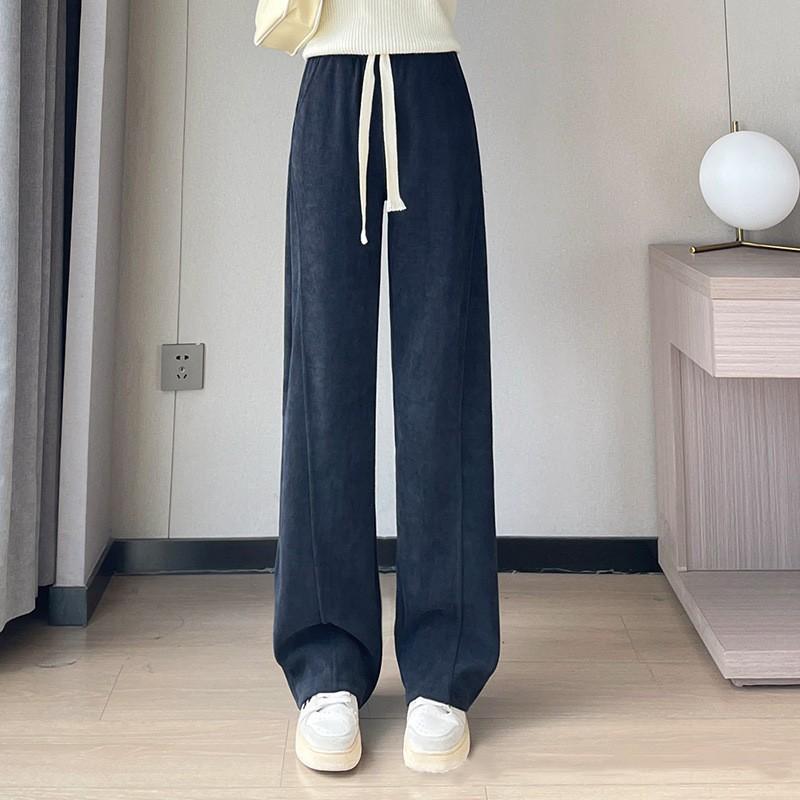 Autumn Winter Elastic Waist Loose Casual Wide Leg Pants Women Solid Color Drawstring All-match Straight Trousers