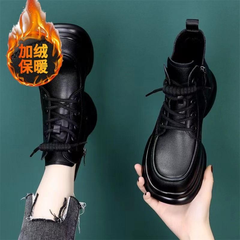 

Soft leather lace-up thick-soled heightening Martin boots autumn new retro round head thin versatile women s boots 40