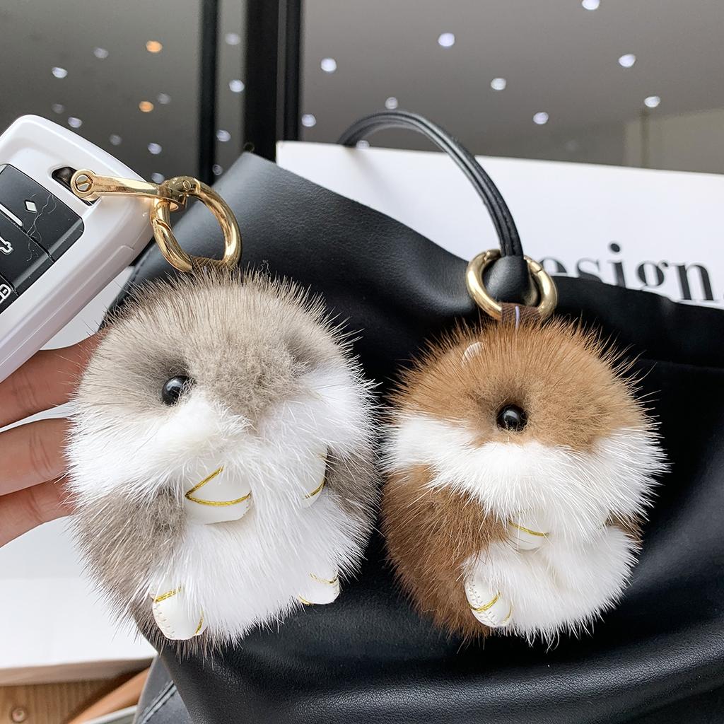 8cm Süßer Mini-Hamster Anhänger Schlüsselanhänger Kinder Luxus Echter Nerz Pelz Puppe Spielzeug Tasche Auto Schlüssel Anhänger Schmuckstück Schlüsselanhänger Anhänger Geschenke