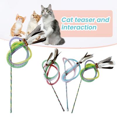 Feather Teasing Cat Stick Toy Rod Kitten Interactive Toys Pet Wand Elastic Mesh Tube Cat Teaser Gift for Birthday Christmas