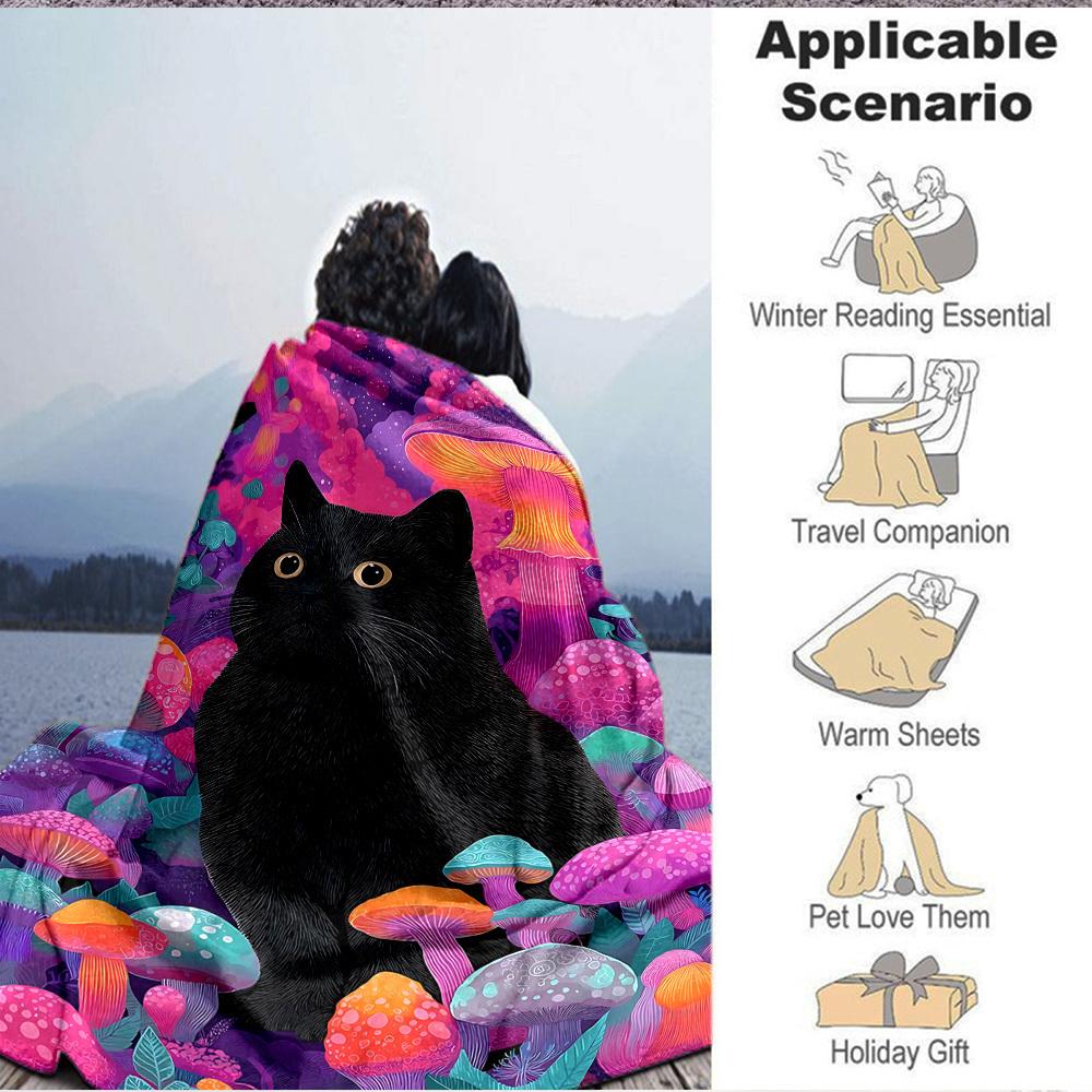 1pc Mushroom Fantasy Cat Blanket, Lightweight Flannel Throw Blanket For Sofa, Bed, Travel, Camping, Living Room, Office, Couch, Chair, And Bed