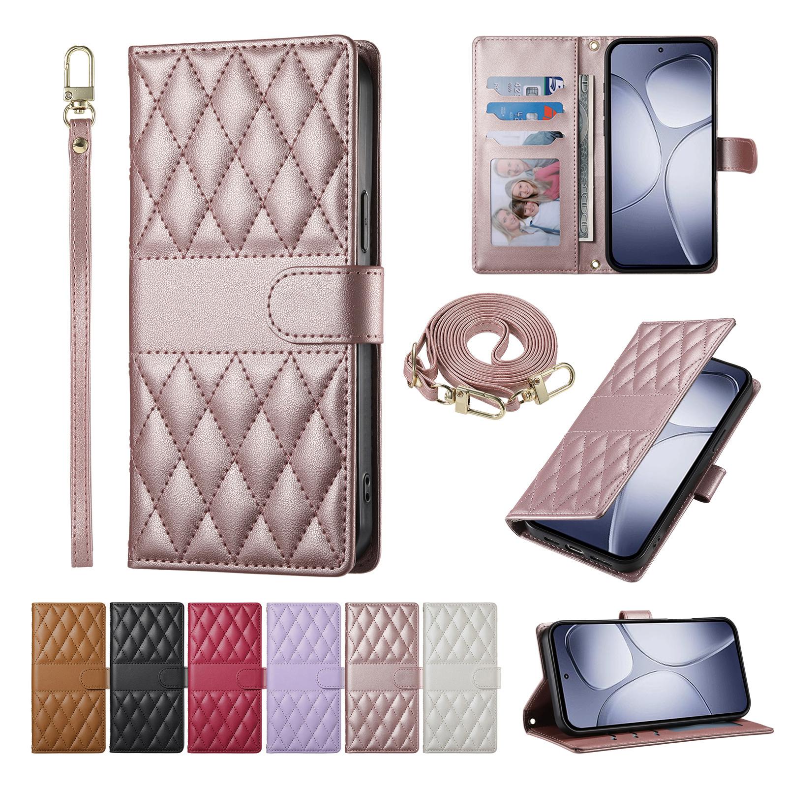 

Кошелек-чехол с отделениями для карт через плечо из кожи для Xiaomi POCO X7Pro X7 Pro X6 F7 F6 5G Сетка Длинный ремешок Чехол-книжка с подставкой Poco X6 розового золота