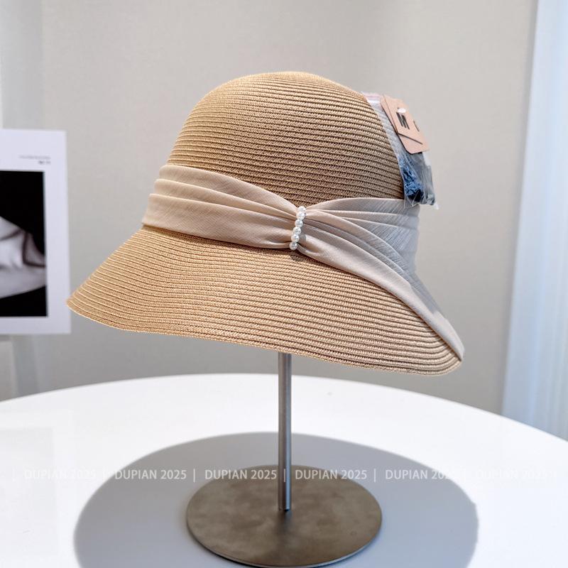 Zart und elegant Hepburn-Stil Perlgarn gefaltet Fischerhut Damen Sommer Outdoor Urlaub Sonnenschutz Strandhut