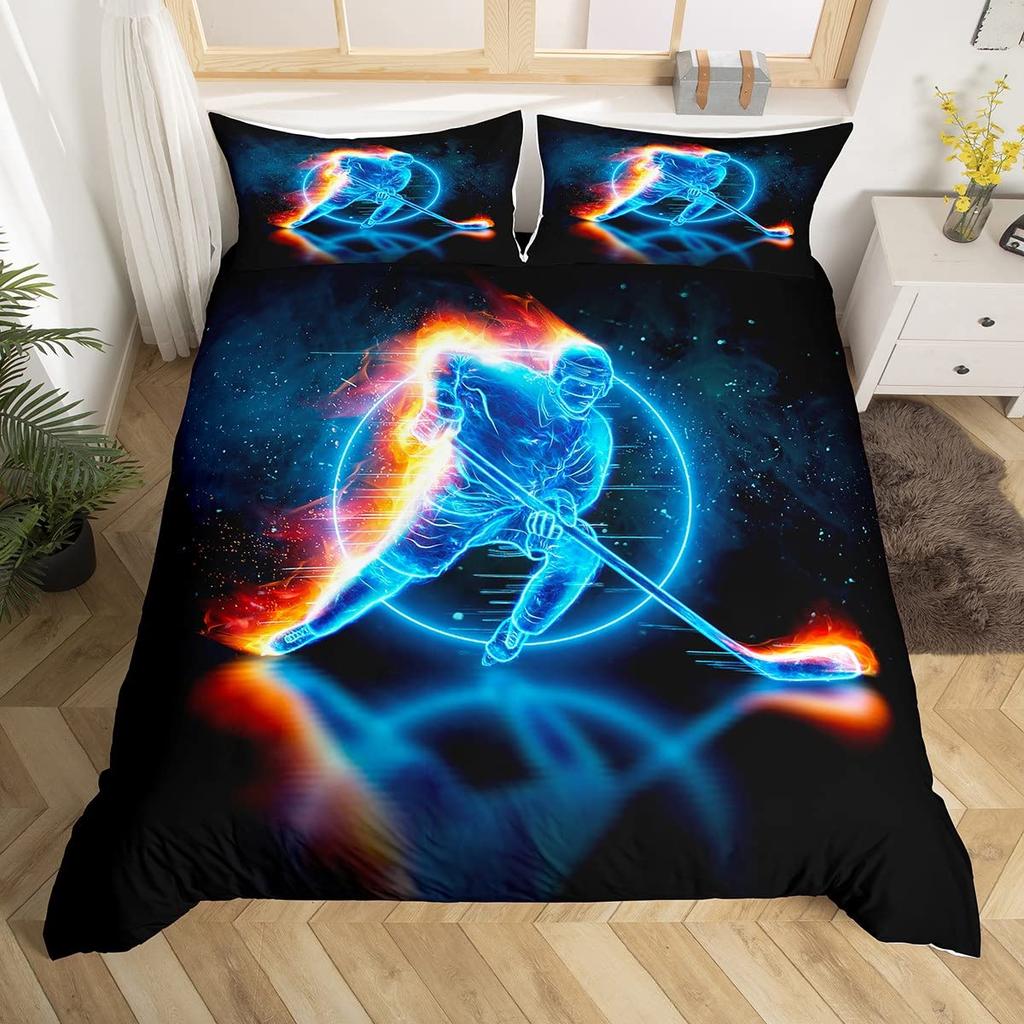 Capa de Edredom Graffiti Hóquei no Gelo Conjunto de Cama Esporte de Inverno Crianças Meninos Jogador de Hóquei Capa de Edredom Aquarela Esportes Capa de Colcha