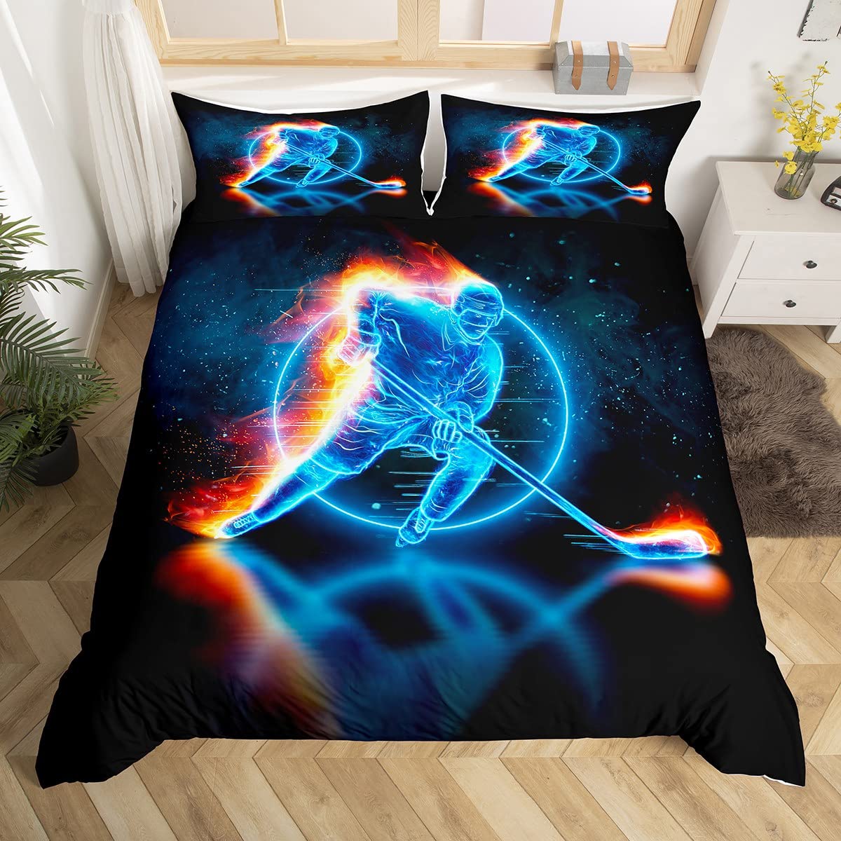 

Graffiti Ice Hockey Duvet Cover Winter Sport Bedding Set Kids Boys Hockey Player Comforter Cover Watercolor Sports Quilt Cover US King(264*228cm)3pcs
