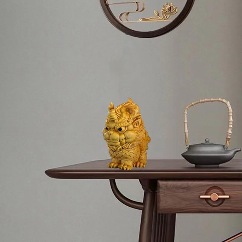 Wooden -Auspicious Kirin Small statue Solid wood carving China's fortune-making, evil-repelling God Beast Home Room art statue