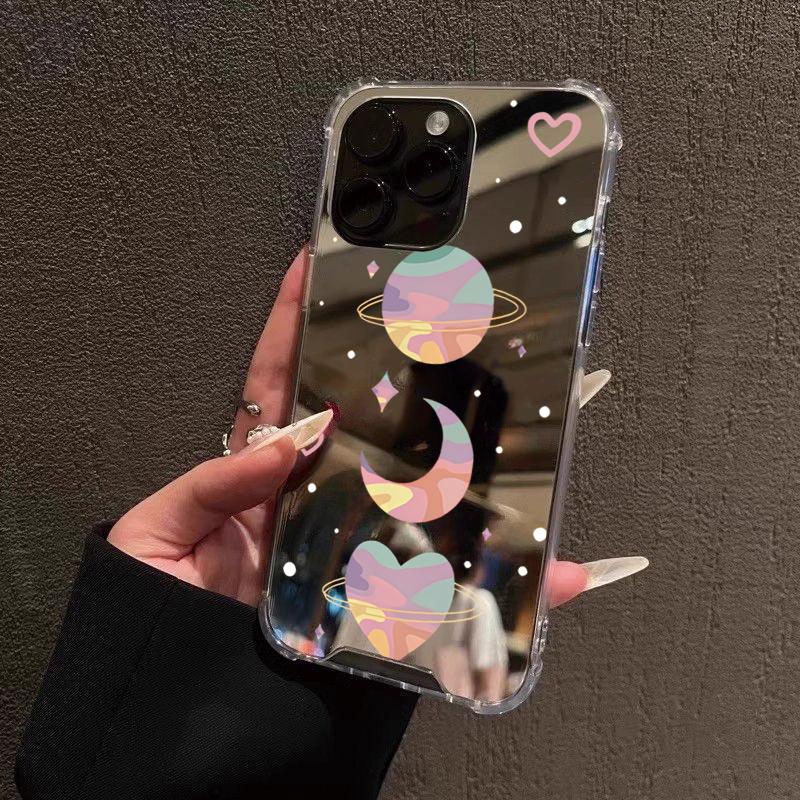 Colorful Moon Heart Pattern Phone Case For iPhone 16 15 14 13 12 11 Pro Max XS X XR 7 8 Plus SE2 Make Up Mirror Shockproof Cover