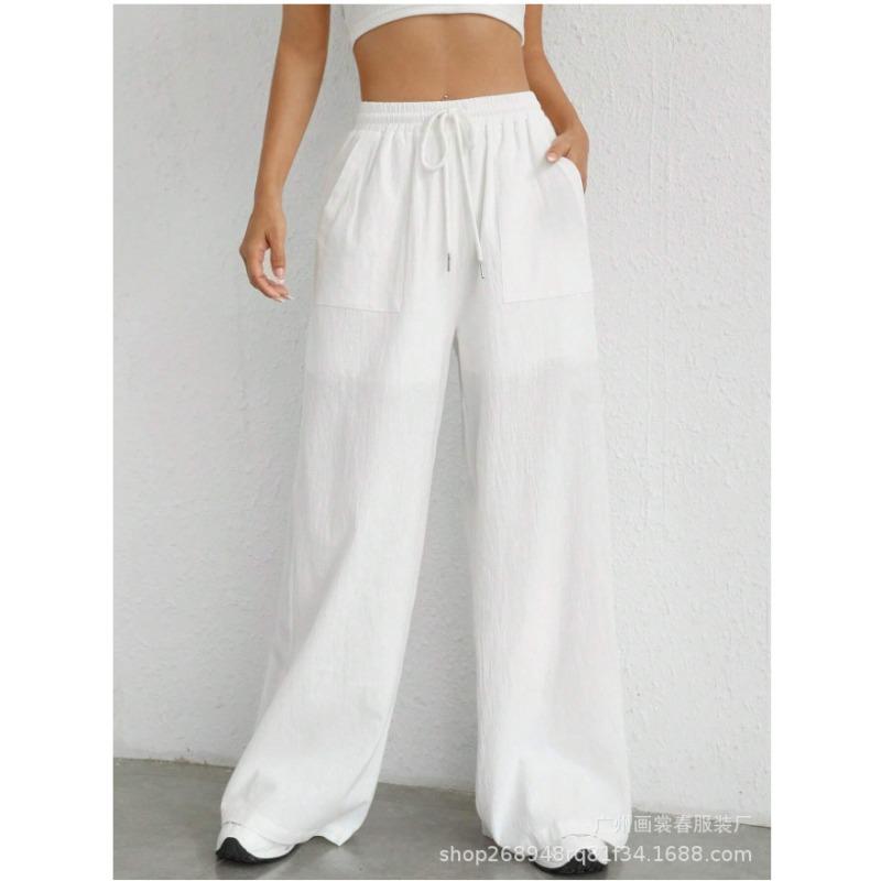 

Летний новый стиль женские повседневные брюки для通勤, подходящие ко всему, с кулиской, прямые, микроклеш, с карманами S белый