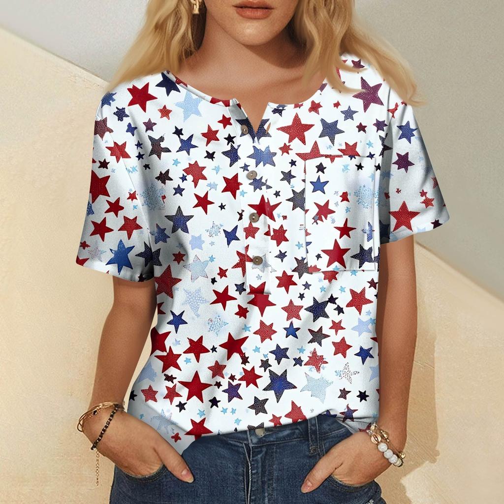 Women's Fashion Casual Short Sleeve Print Round Neck Pullover Top Blouse
