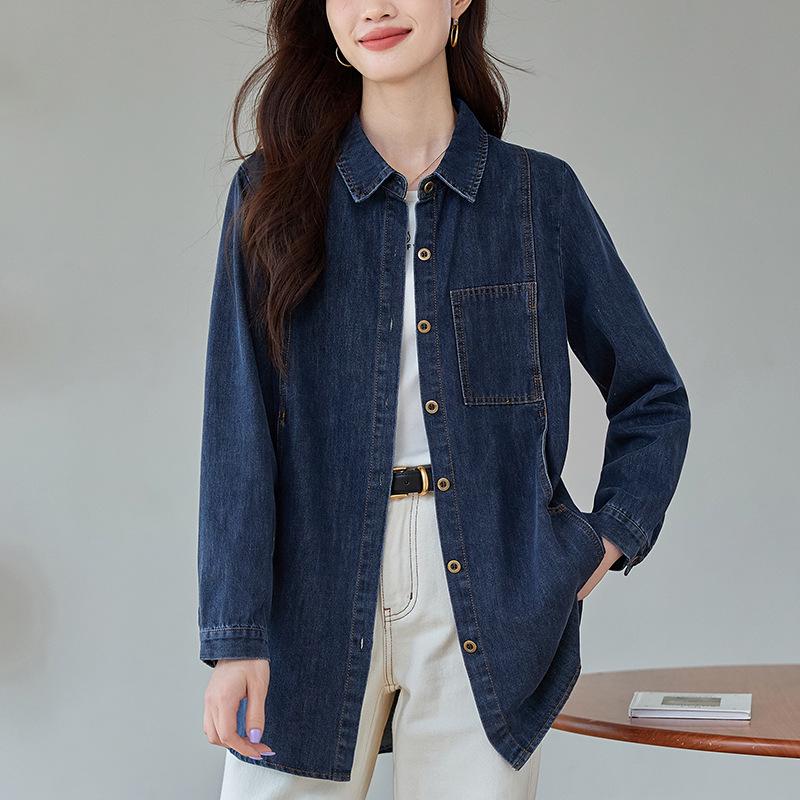 

Универсальная джинсовая куртка в корейском стиле - Женская модель свободного кроя, с длинным рукавом, больших размеров, повседневная верхняя одежда для весны/осени для мам среднего возраста XXL синий