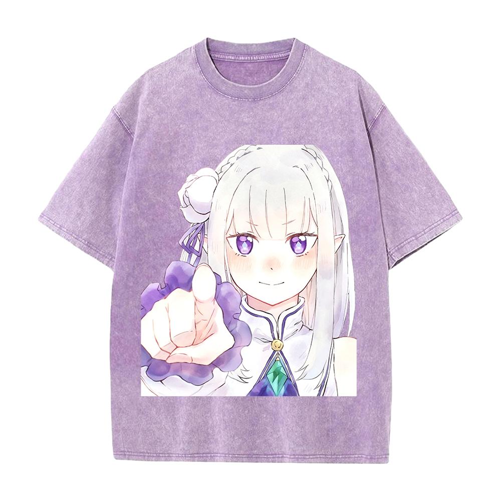 Emilia Re ZERO Kawaii Graphic T Shirt Men Women Short Sleeve Cotton Tshirts Vintage Washed Tee Harajuku Male Oversized T-shirt