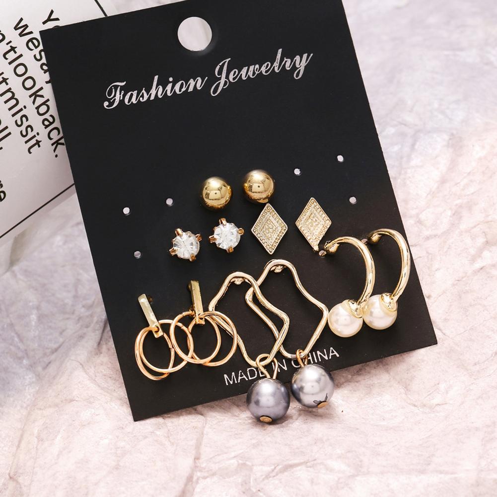 6 pairs Fashion Geometric Irregular Metal Pearl Pendant Earrings