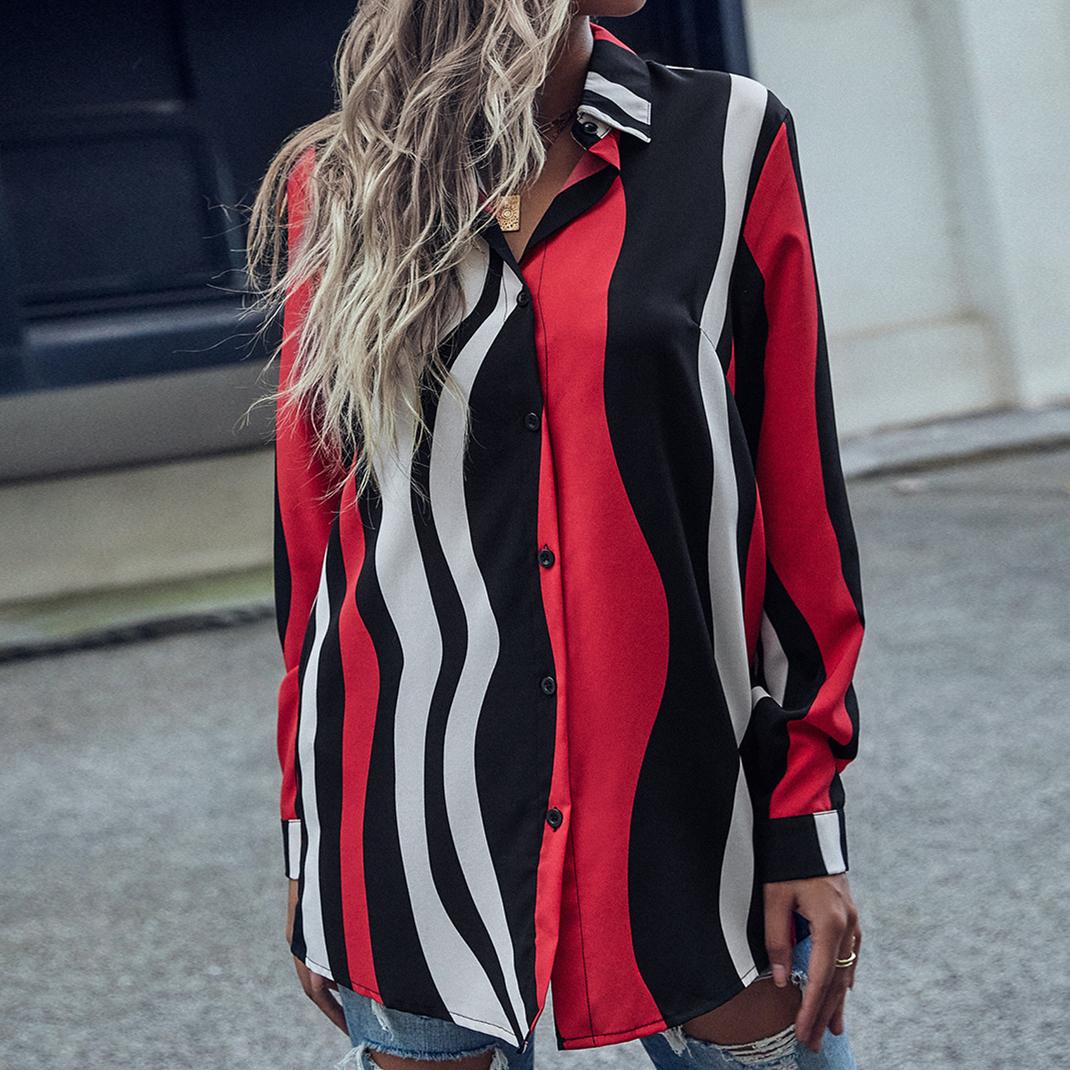 

YYFS женские модные повседневные рубашки-поло с длинным рукавом и принтом в полоску, блузки и рубашки XL красный