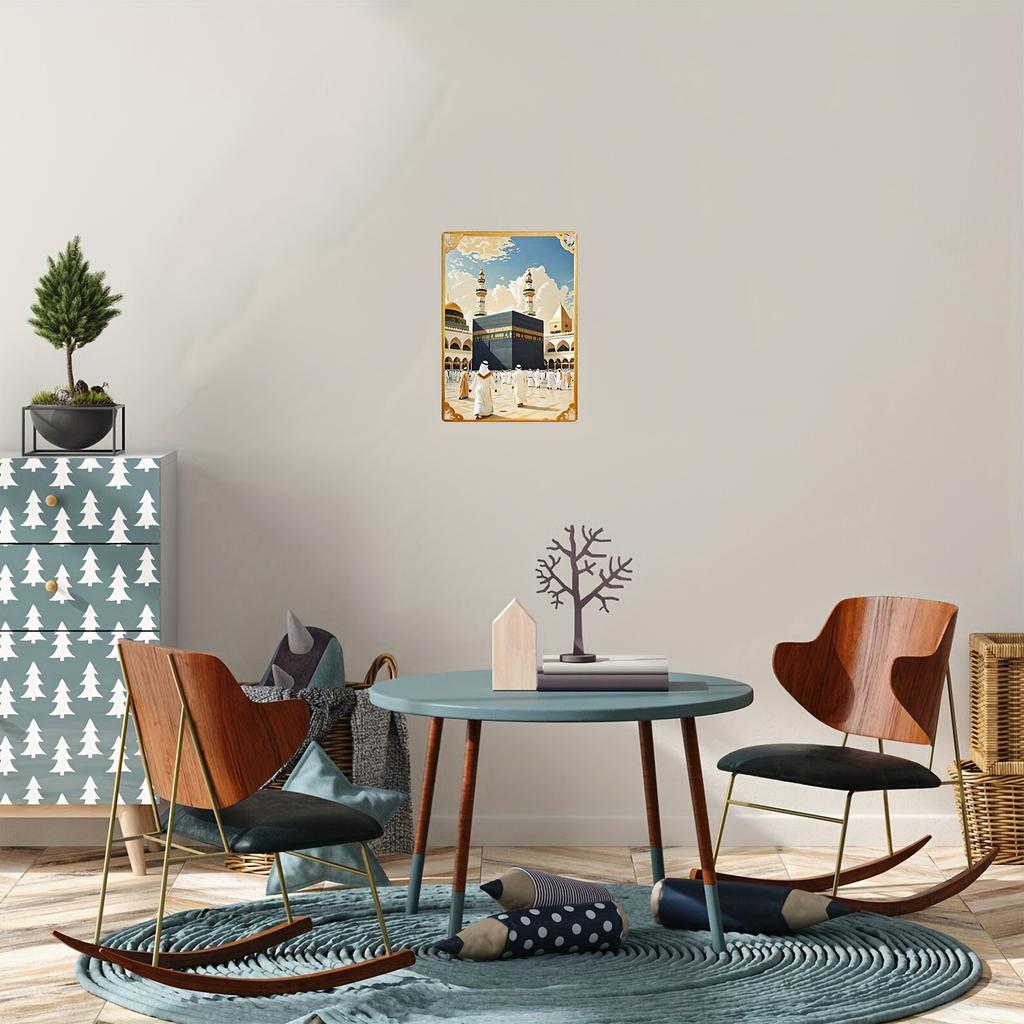 [Dayanıklı Yapı] Vintage Metal Teneke Tabela - Hacılar ve Altın Kubbeli İslami Cami Duvar Sanatı , İslami Ev Dekorasyonu