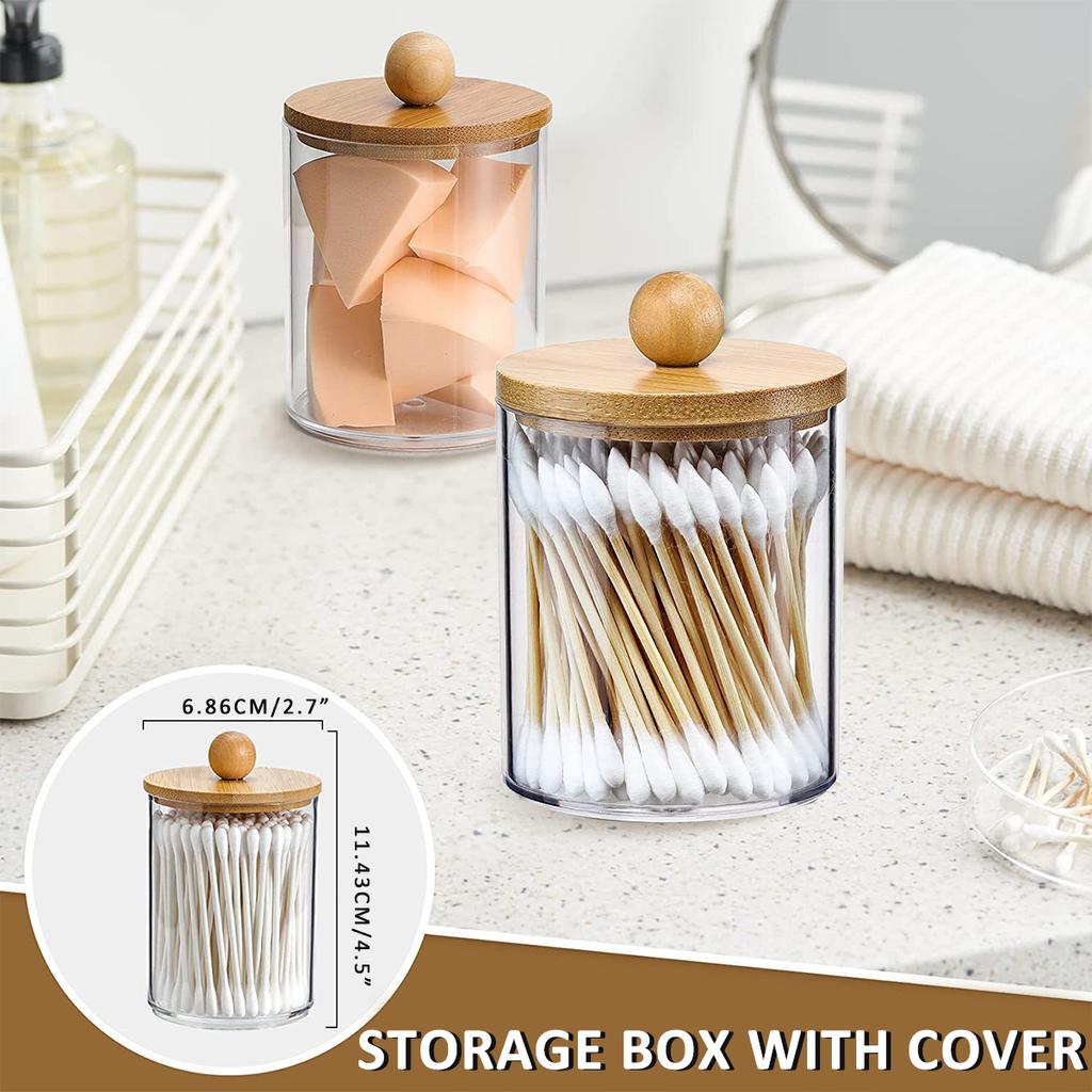 3Pcs 11.5 Oz Acrylic Qtip Dispenser Cotton Swab Holder Clear Qtip Dispenser Holder with Bamboo Lid Lightweight Bathroom Jar