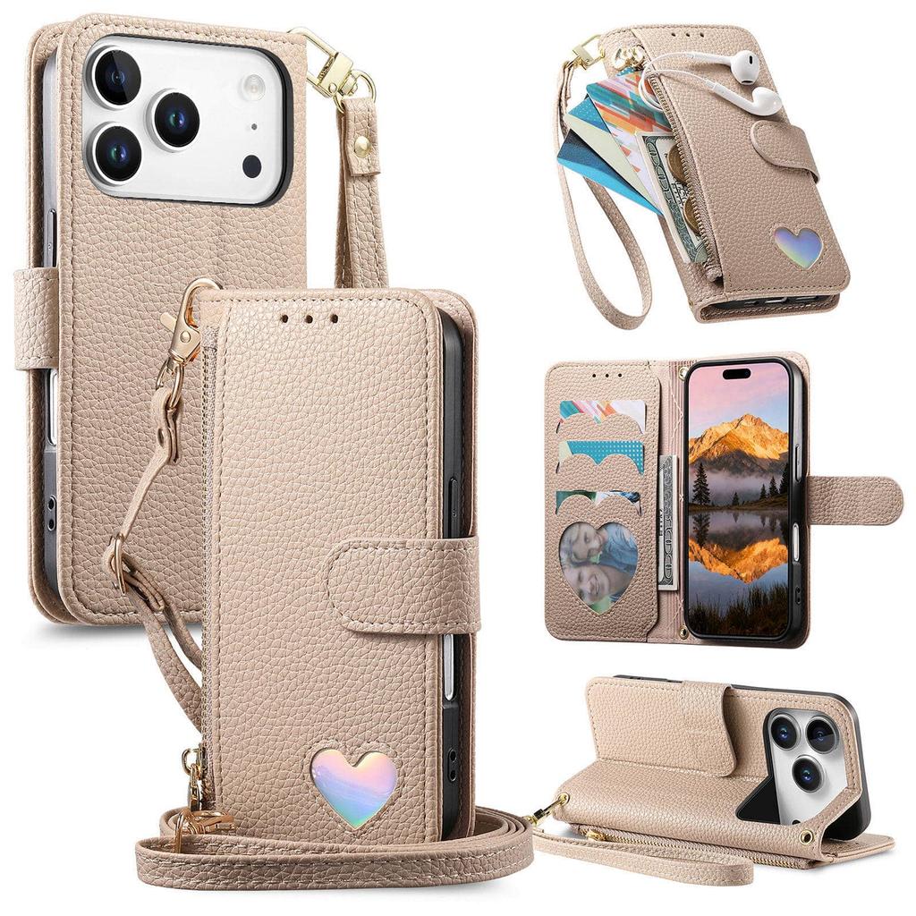 Para iPhone 17 16 15 14 13 12 Pro Max Capa Carteira - Porta-moedas com Zíper com 3 Compartimentos para Cartão, Suporte e Alça de Pulso, Capa Fofa à Prova de Choque