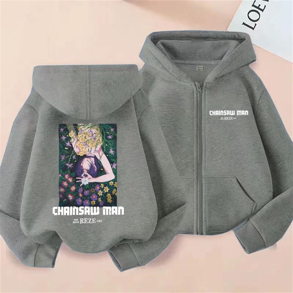 Japanese Anime Chainsaw Man Zipper Hoodie Cartoon Reze Graphic Zip Up Sweatshirt Men Women Manga Casual Oversized Jacket Coat