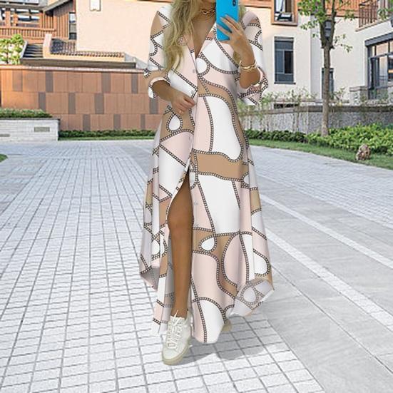Lapel Long Sleeve Irregular Hem Single-breasted Shirt Dress Women Fashion Print Loose Maxi Dress Female Clothing