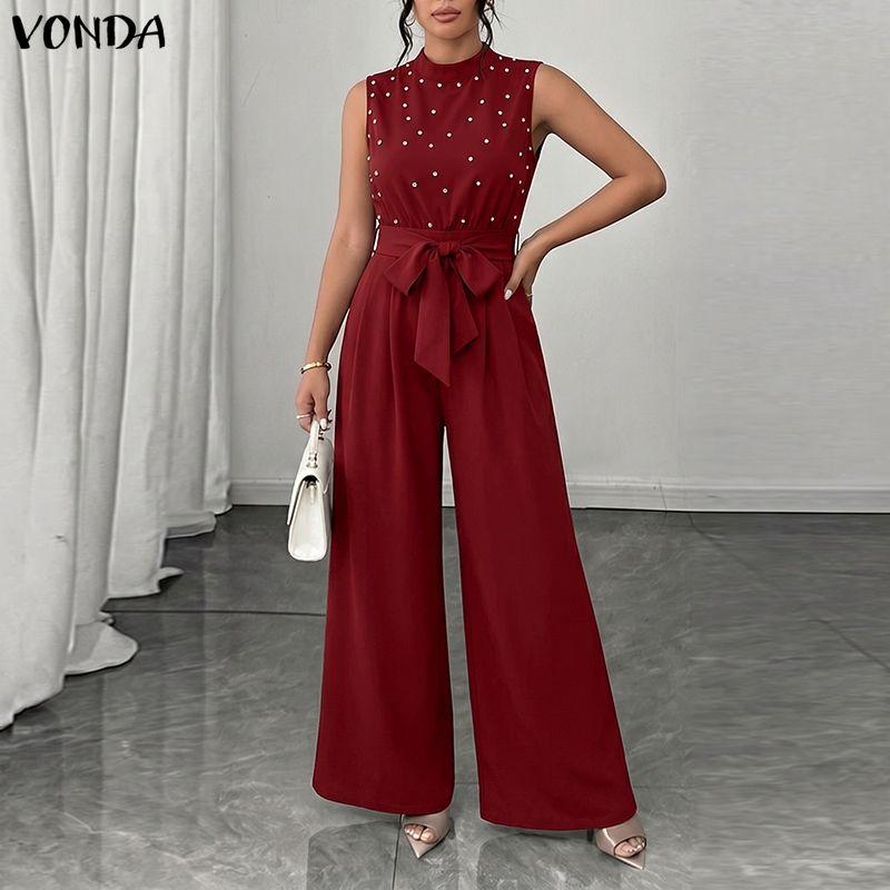 VONDA Summer Women Sleeveless Beading Casual Long Elegant Jumpsuits Overalls