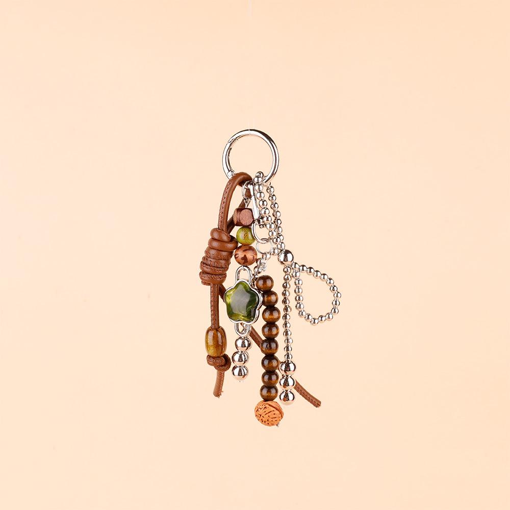 Vintage Miu Styl Přírodní Dřevěný Korálek Pletený Klíčenka Taška Přívěsek & Auto Přívěsek