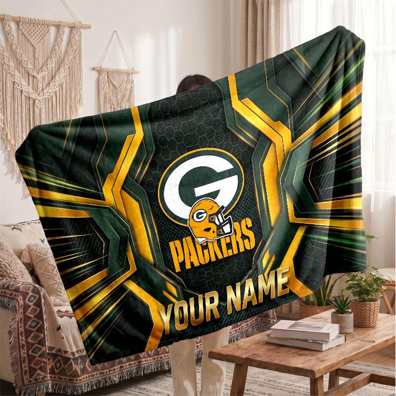 Green Bay Packers Flannel Blanket, Custom Name Text Personalized Soft Throw Blanket Home Decor Gift