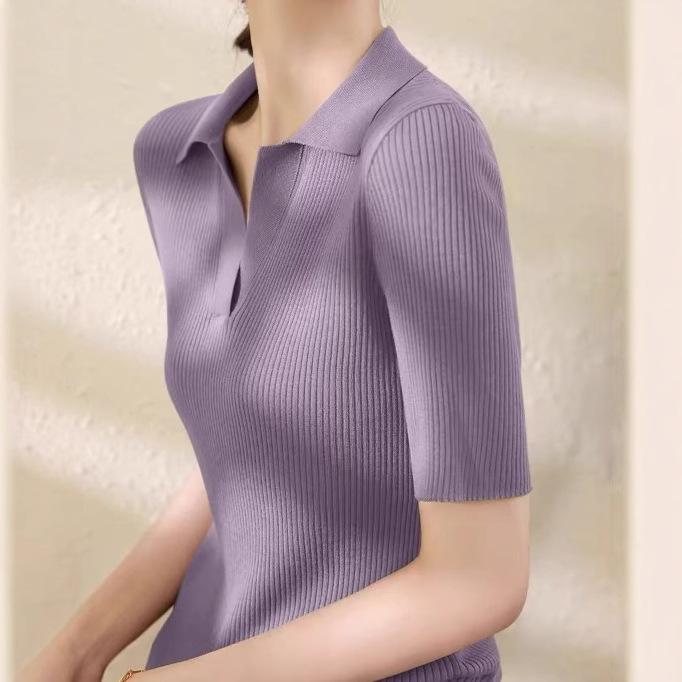 Damen V-Ausschnitt Kurzarm Strickpullover für Frühling Poloshirt Halbarm Basic und Oberteil