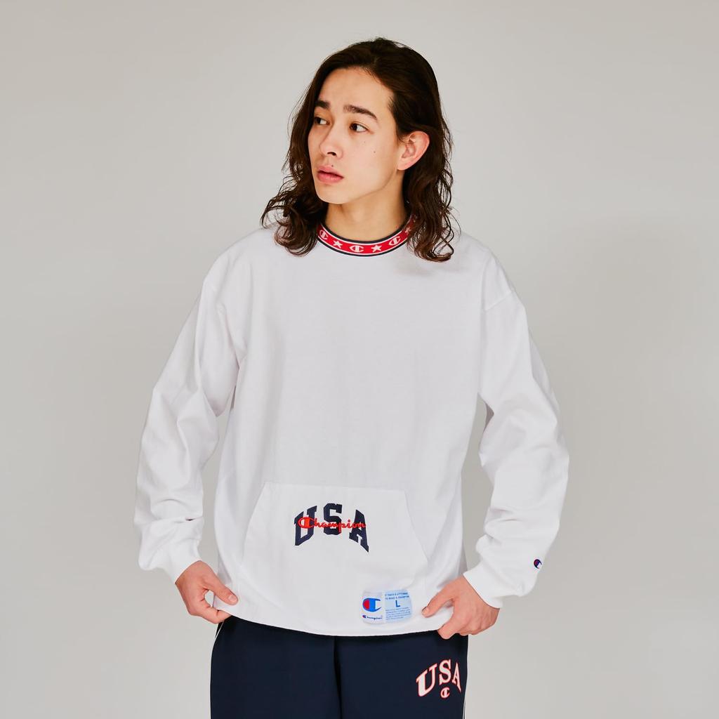 Champion Action Style Crew Neck Long Sleeve USA Embroidered Graphic Men's T-Shirt, 100% Cotton, Logo, White, C3-A423