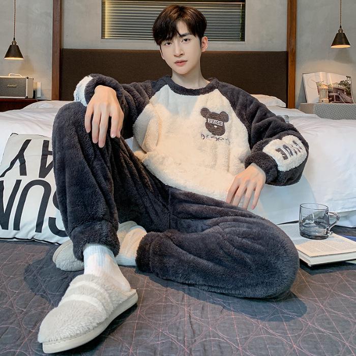 Men's Plush Cartoon Pajama Set - Round Neck, Long Sleeve, Warm Trousers, Perfect for Fall and Winter.