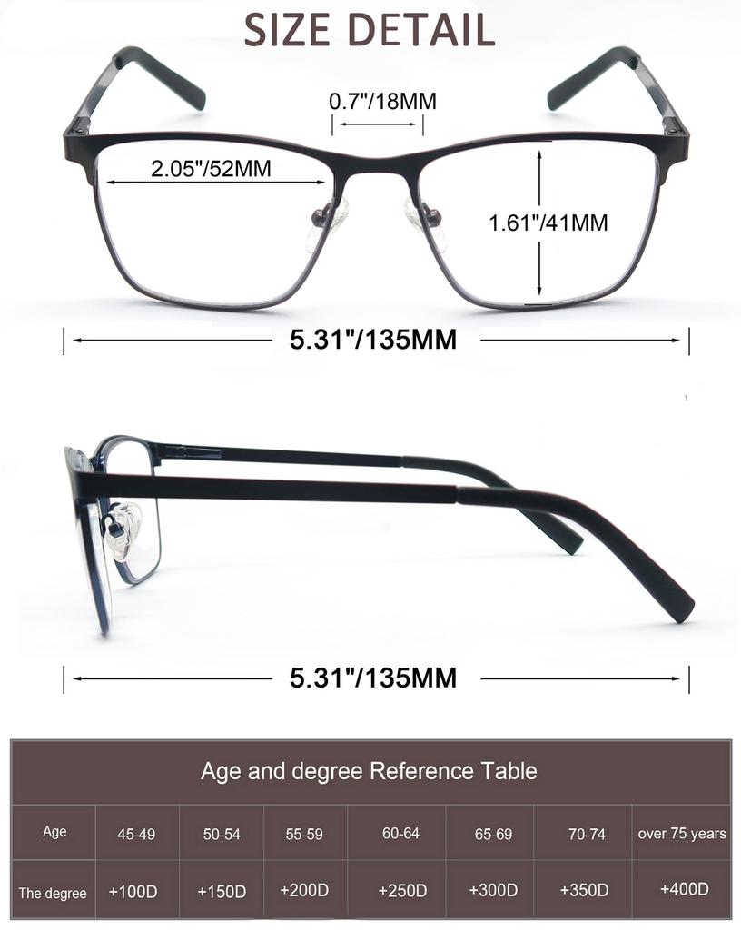Modfans Blue Light Reading Glasses for Men Metal Frame Magazine Readers Magnifier Presbyopia Lens Eyewear Diopter +0.75~4.0