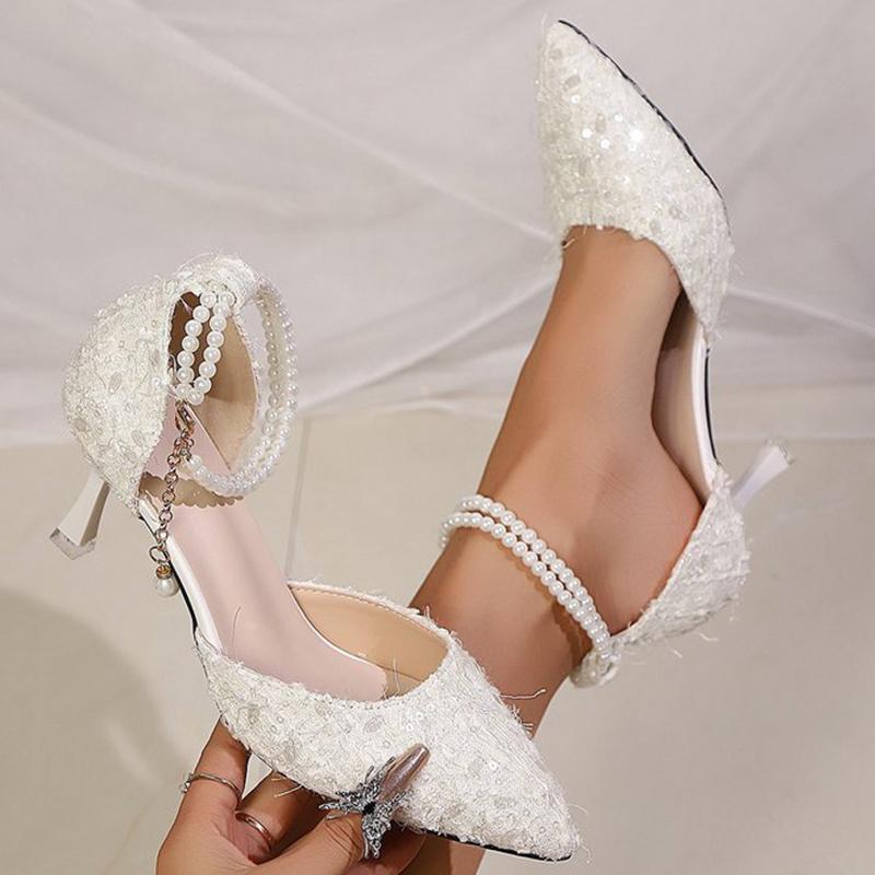 Fashion Bling Pointed Toe Pumps Shoes Women Summer 2025 Luxury Pearl Buckle Strap Women's Pumps Weeding Solid Plus Size Lady High Heels