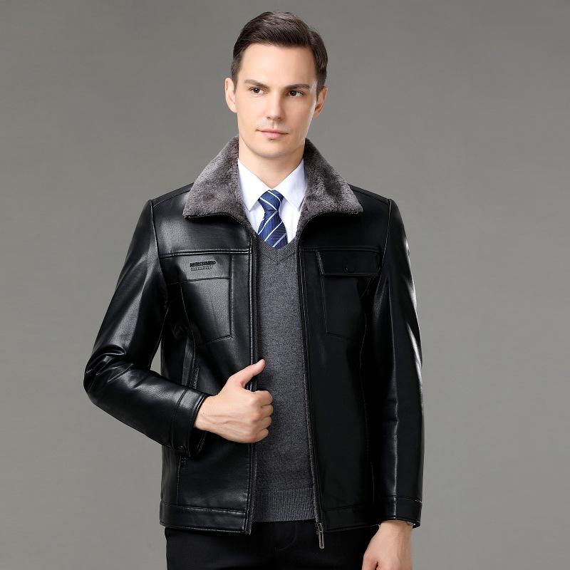 

Зимняя куртка из натуральной кожи для мужчин с бархатом и утолщением для пап среднего и пожилого возраста, повседневная кожаная куртка с лацканами из овчины 5XL