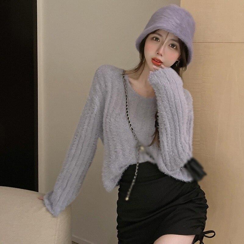 Autumn Mohair V-neck Sweater For Women Mohair Solid Color Casual Loose Soft Femme Tops Chic Hollow Out Pullovers