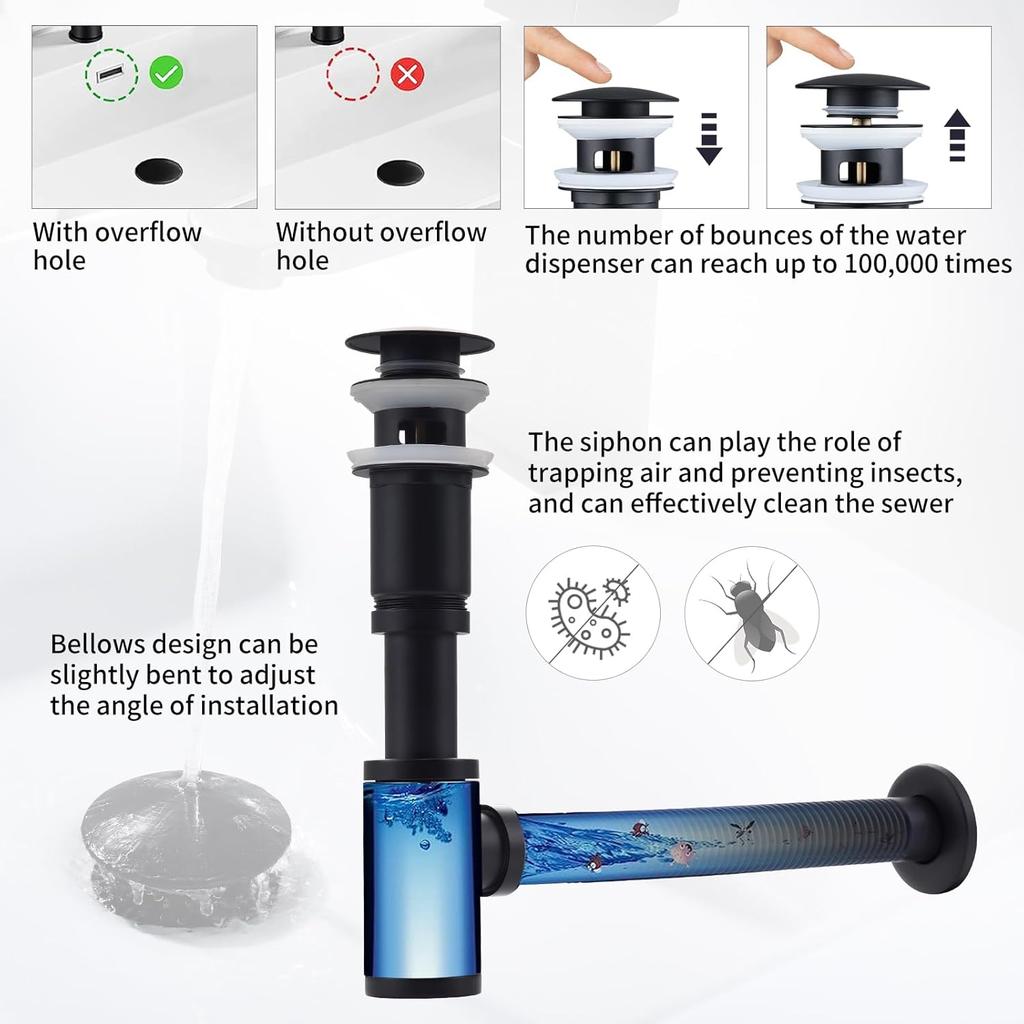 Design Siphon with Pop Up Valve Drain Fitting for Sink Black Matt, Universal Brass Siphon, Sink Plug,Odor Closure with Cleaning Opening