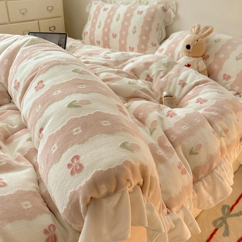 Double-Sided Thickened Milk Coral Fleece Bed Four-Piece Set Flannel Bedding Bed Skirt Fleece Sheet Quilt Cover