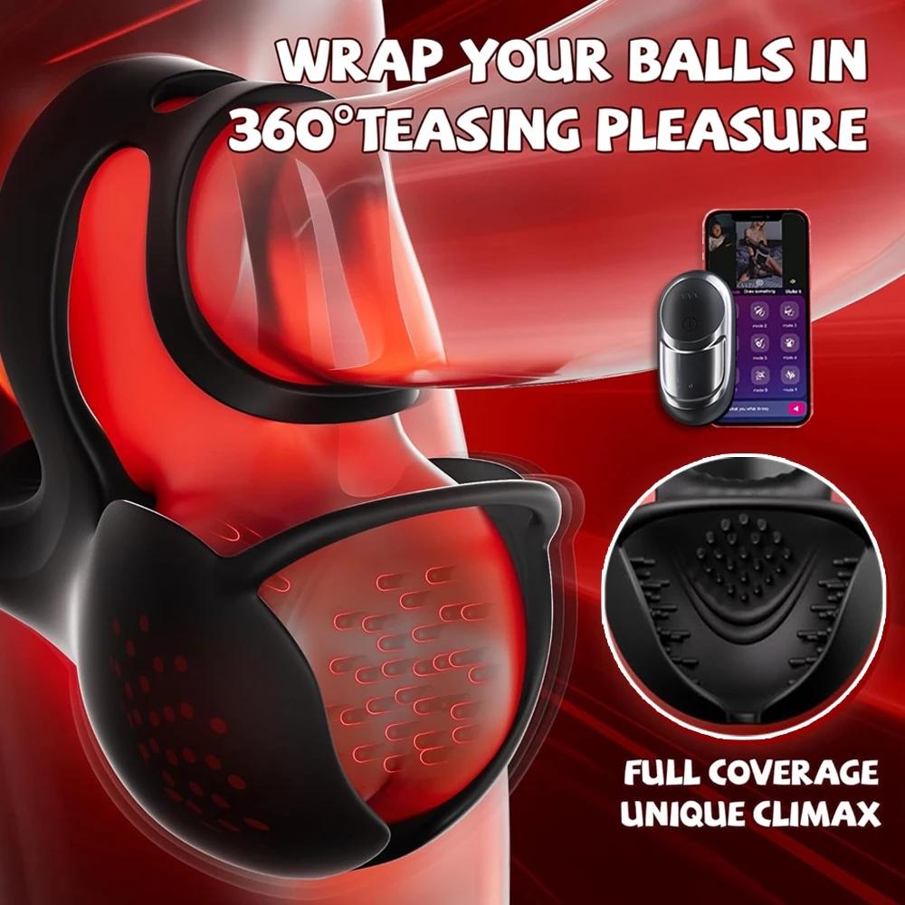 Male Penis Ring Vibrator APP Remote Control 9 Vibration Modes for Delayed Ejaculation Heated Penis Ring Testicle Massager Couples' Adult Toy for Men