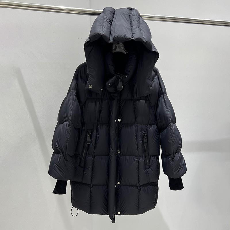 Womens Mid-Length Hooded Puffer Coat With 86-90% White Duck Down Warm Thick Winter Outerwear Loose Fit Elegant Commuter Style