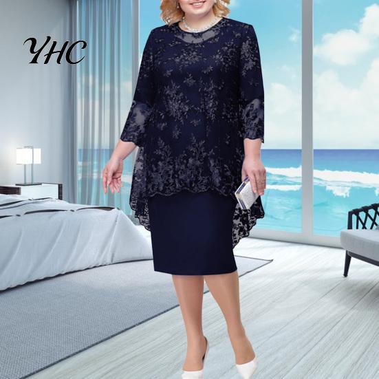 Lady Evening Dress O-neck High-Waist Plus Size Midi Embroidery Lace 3/4 Sleeve Female Clothing