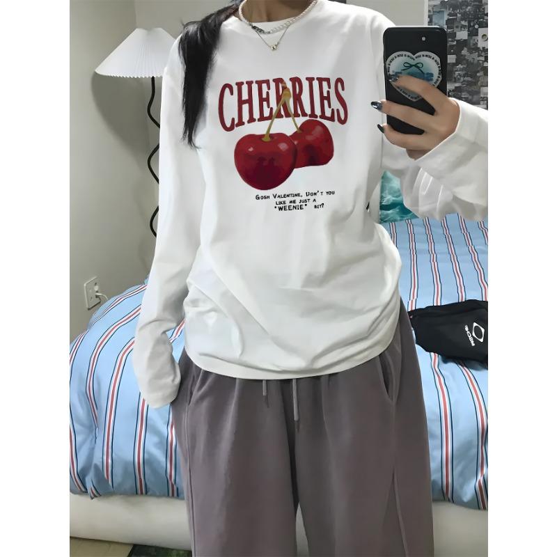 Hip Hop Women's Long Sleeve Cotton T-Shirt Casual Everyday Top with Cherry Graphic Shirt for Fall Winter Playful Cartoon Design