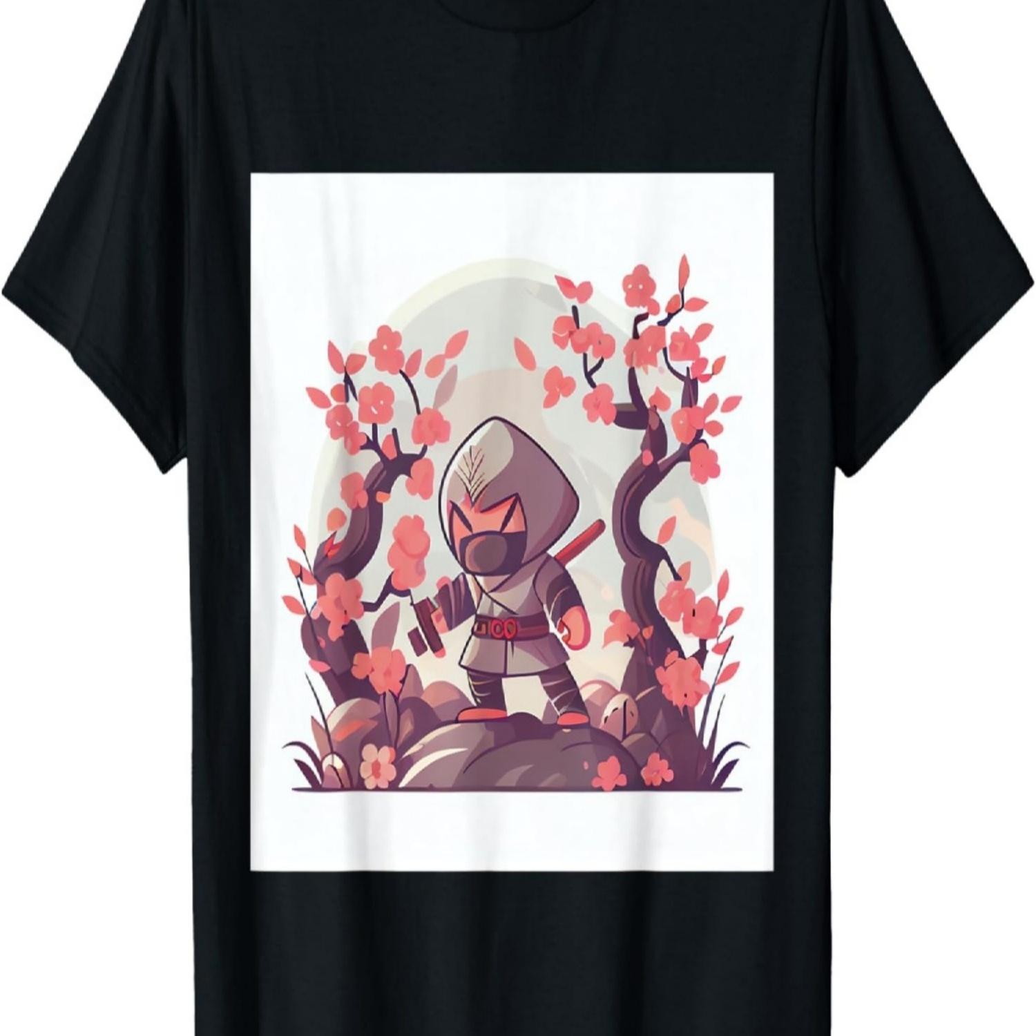 Cute Kawaii masked Ninja standing in cherry blossom garden T-Shirt S чёрный
