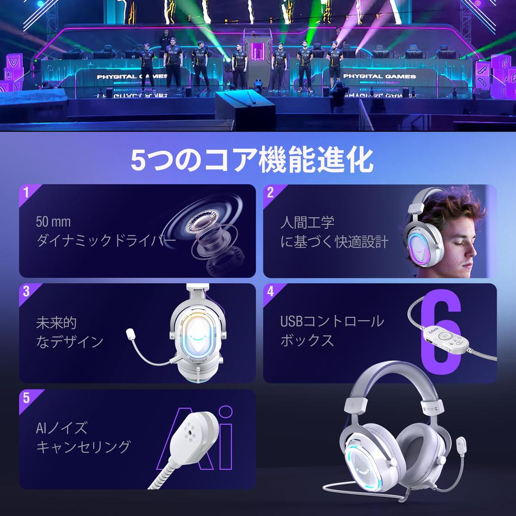 FIFINE Gaming USB Wired Audio Balance Surround Compatible with Gaming and Live Controllable RGB Detachable White Headphones Headset, Connection,