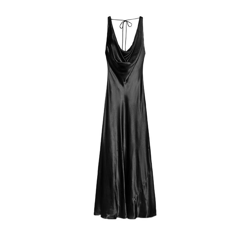 

Summer New Product Women s Clothes Pleated round Neck A- line Hem Silk Satin Texture Sling Length Dress 2590934 Black L
