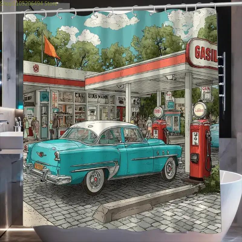 1 Retro Car Show Bathroom Curtain | 180*180cm Polyester Sateen Unlined Curtain with 12 Hooks, All-season Home Decor